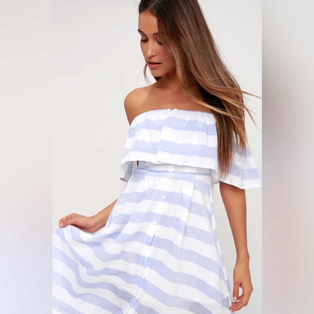 Lulus, Women’s Transatlantic Voyage Blue and Ivory Striped Midi Dress, size M